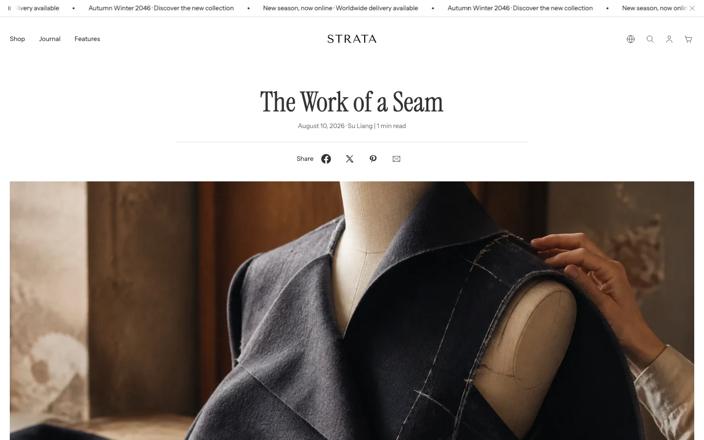 An article page with the centered title The Work of a Seam, the date, author, reading time, share links, and a wide featured image below.