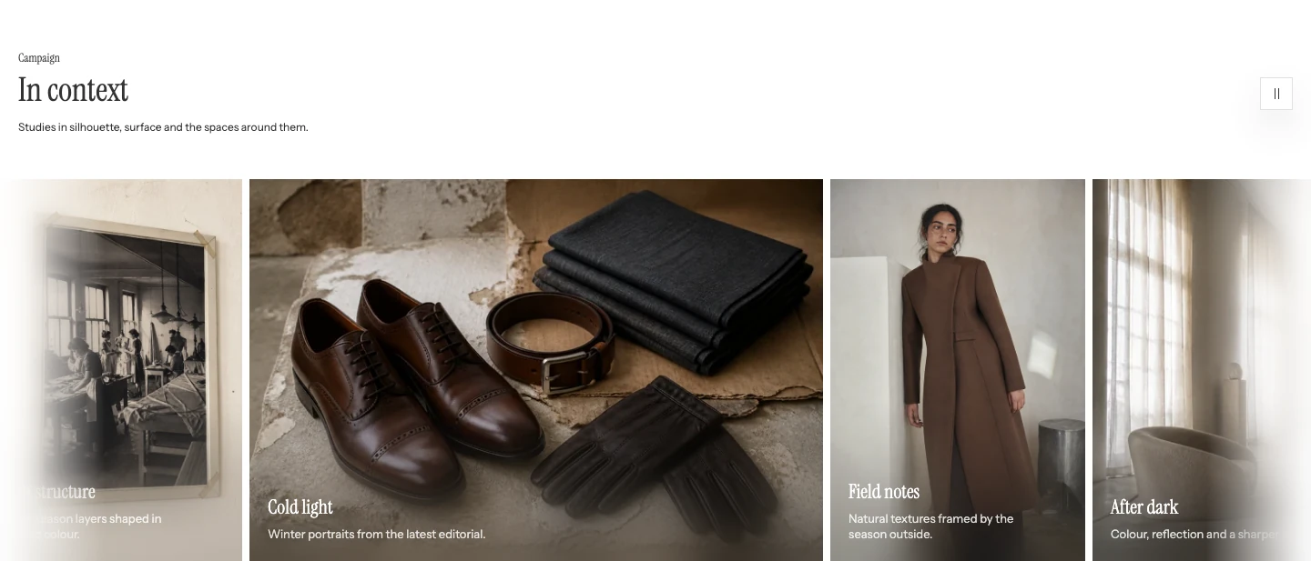 Auto-scroll gallery with the heading In context and a row of image cards of different widths, each with a short title and caption, and a pause button on the right.