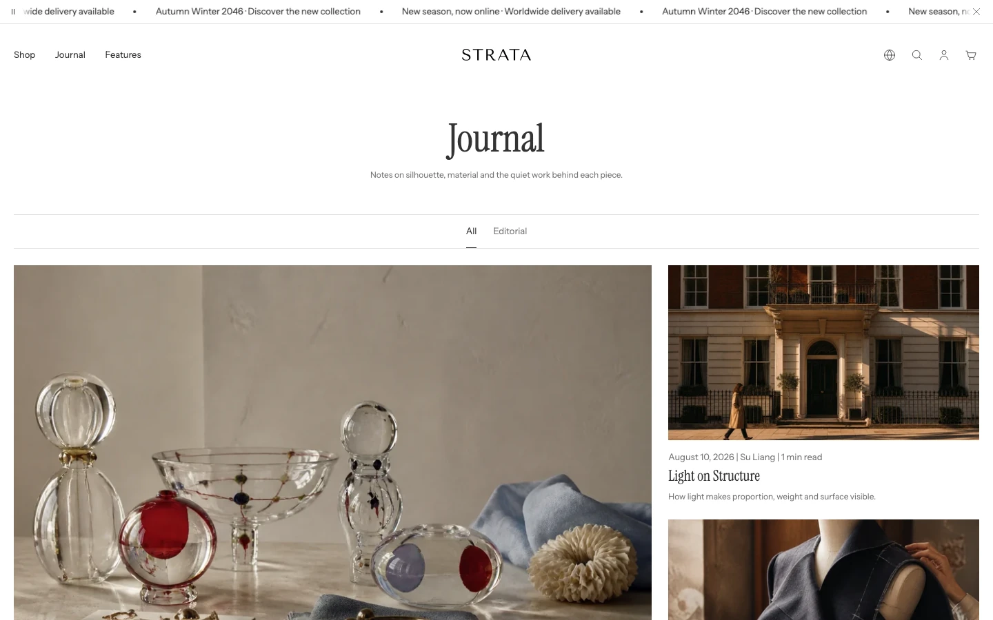 The blog page with the title Journal, an All and Editorial tag filter, a large feature story image on the left, and smaller article cards on the right.