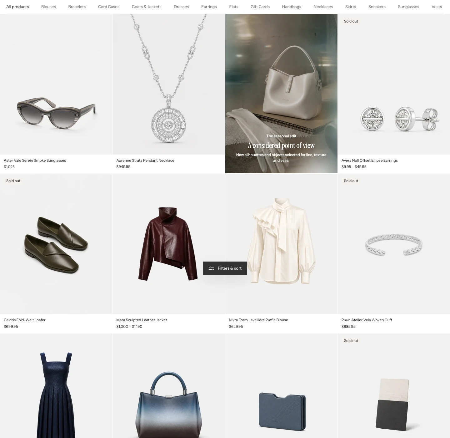 A collection product grid with four products per row and category shortcuts above.