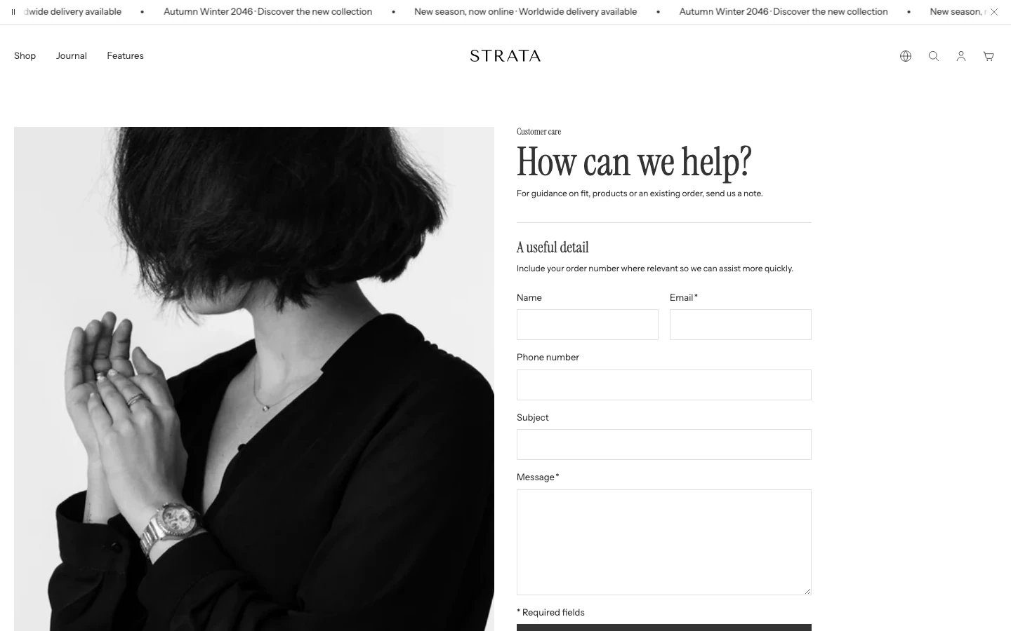 Contact page with a black-and-white portrait on the left and, on the right, the heading How can we help?, a short note, and a form with Name, Email, Phone number, Subject, and Message fields.