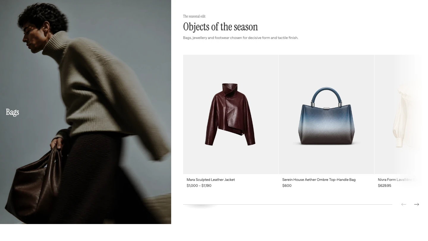 Editorial collection with a tall campaign image labeled Bags on the left and, on the right, a heading, short text, and a row of product cards with arrows.