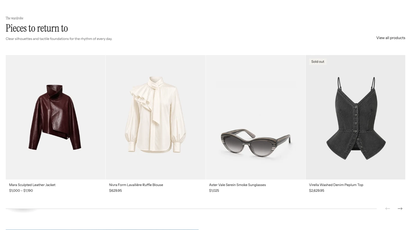 Featured products with the heading on the left, a View all products link on the right, four product cards per row, and carousel arrows below.
