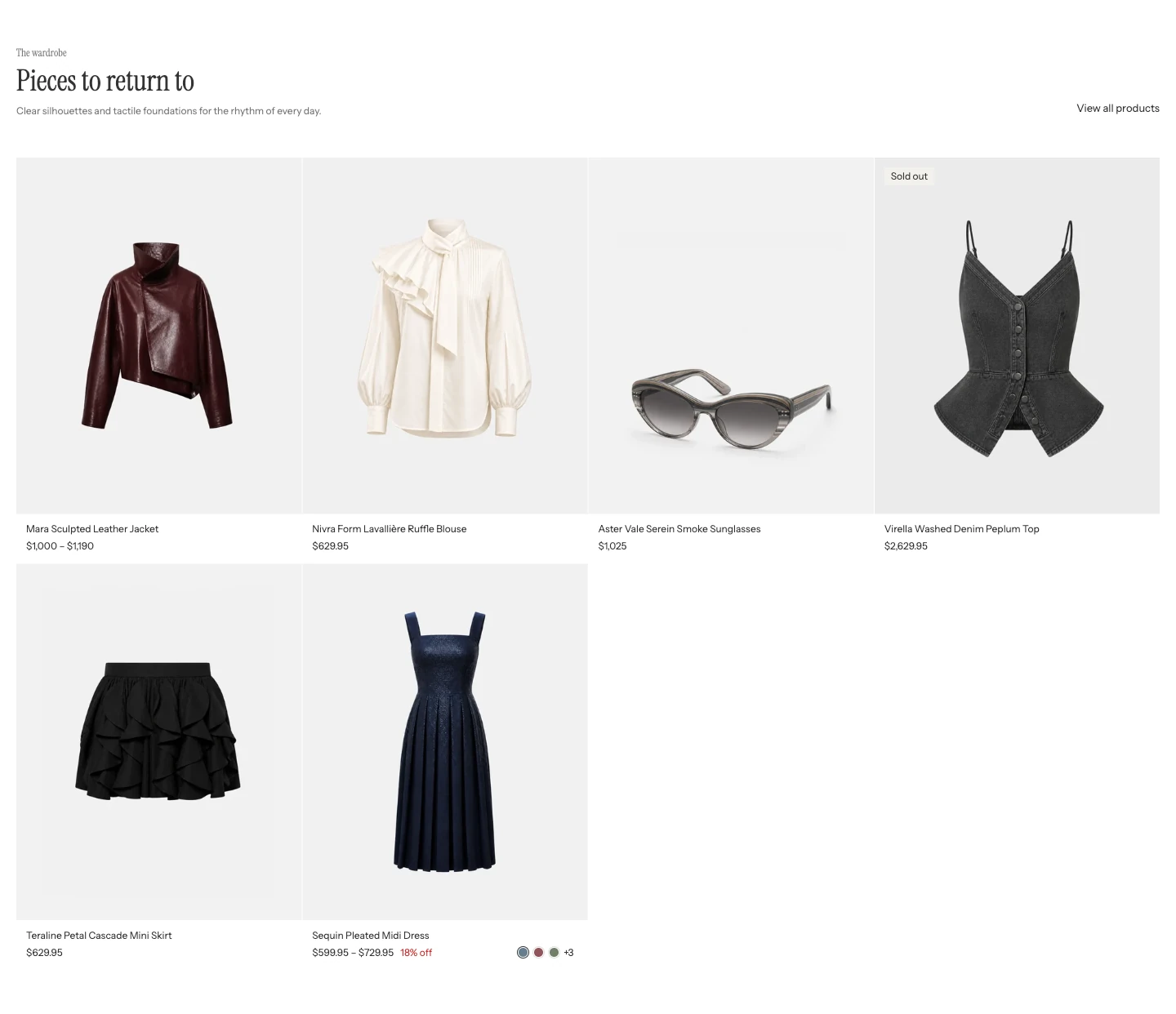 Featured products in Stack layout: six product cards in a grid of four per row, with no arrows or progress line.