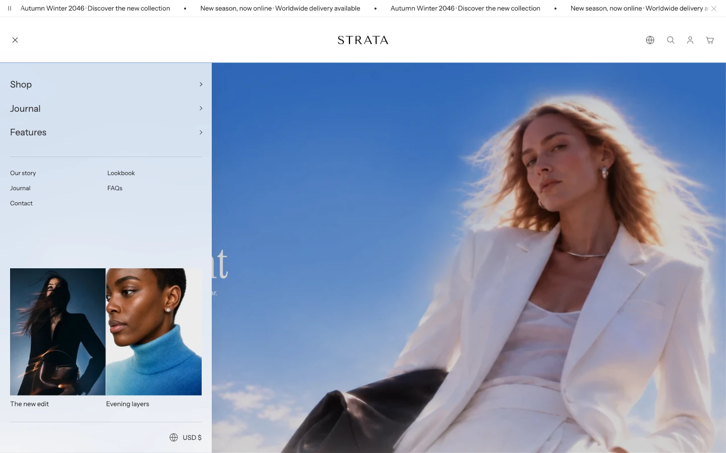 The desktop Header drawer open with menu links and two banner images at the bottom.