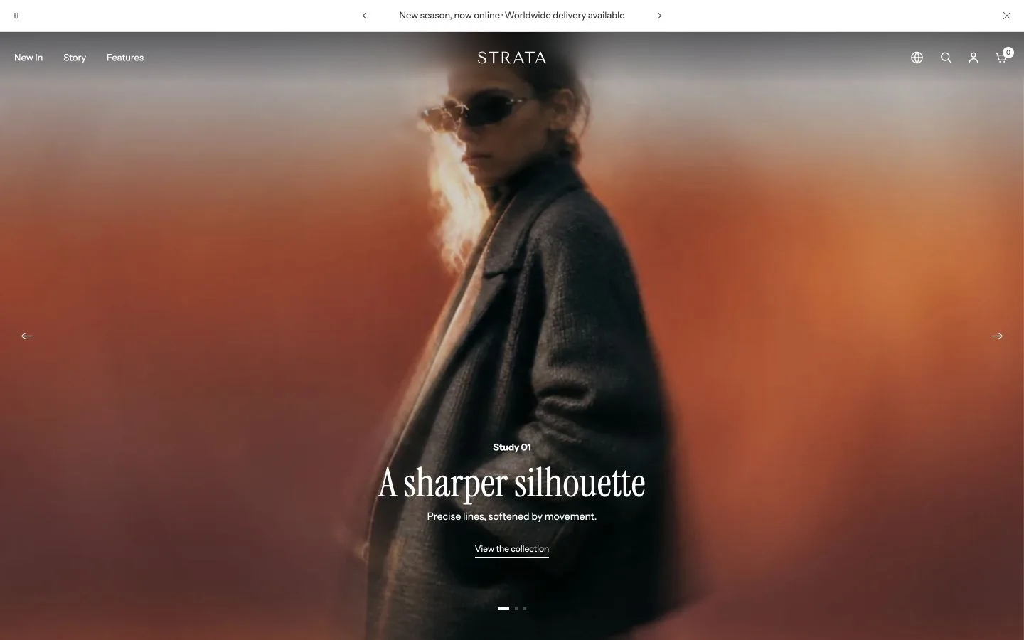 Desktop Media slideshow with a transparent Header, centered slide copy, navigation arrows, and slide indicators.