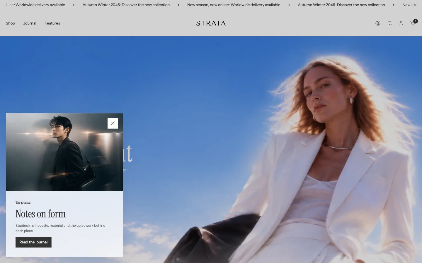 A message popup in the lower-left corner of the home page with an image, a small eyebrow, the heading Notes on form, a line of text, and a Read the journal button.