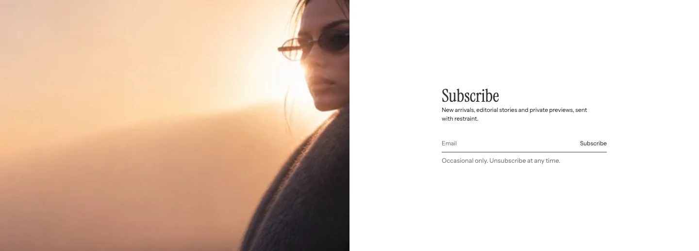 Newsletter with the photograph filling the left half and the heading, text, and email form on a white background on the right.