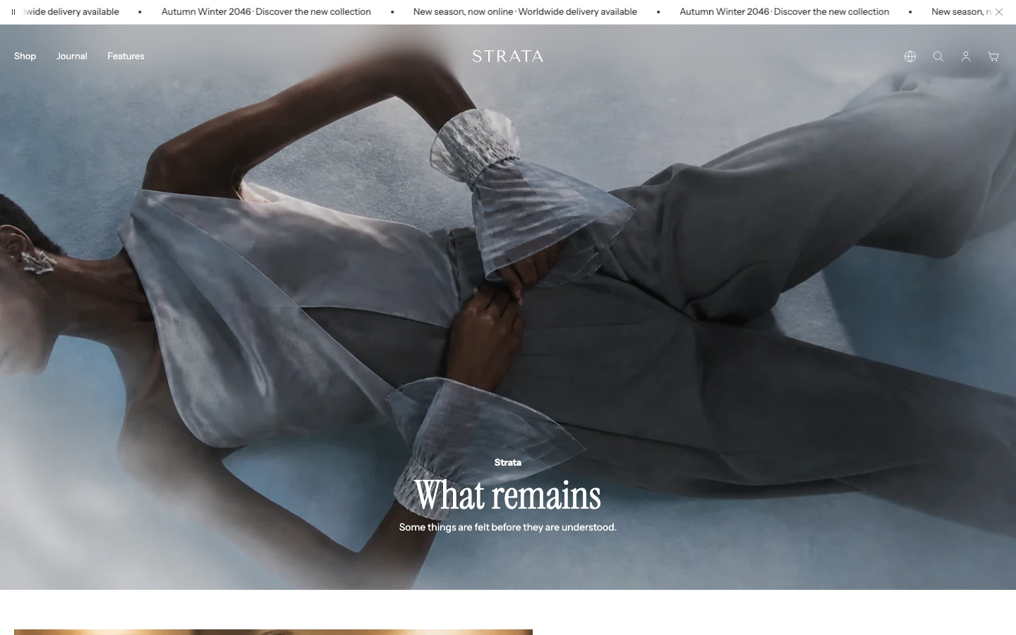 The top of the Our story page with a full-width editorial image and the title What remains in the lower left.
