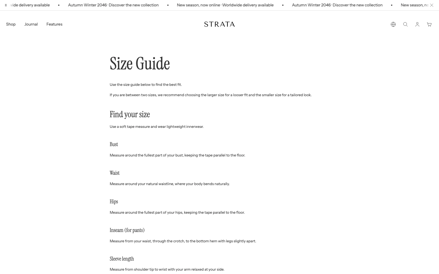 A standard page showing the title Size Guide and its content.