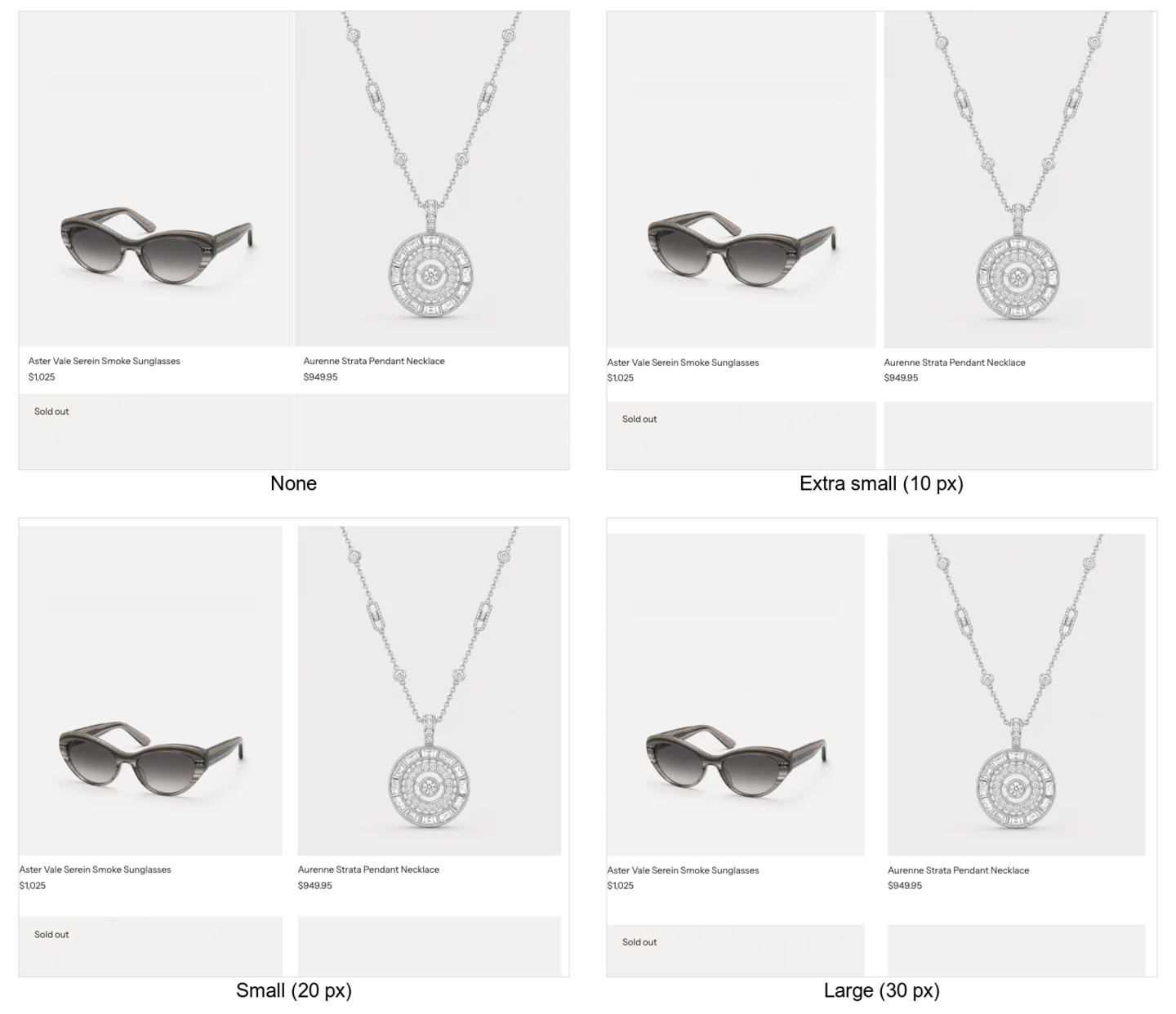 The same two product cards and the top of the next row shown four times: one hairline apart, then 10 px, 20 px, and 30 px apart.