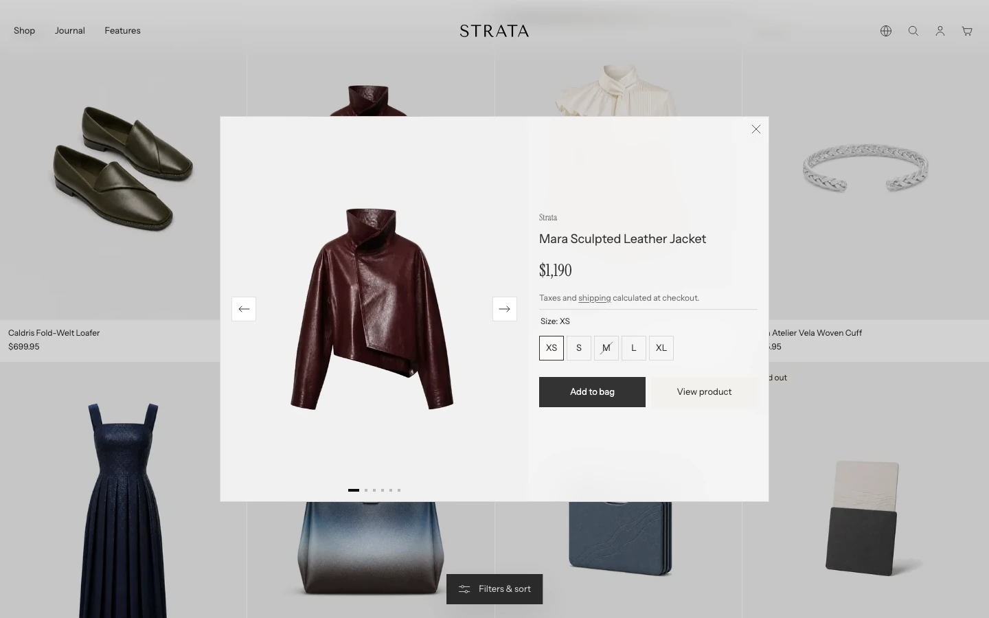 A quick view window open over a collection page with the jacket image, price, size buttons, Add to bag, and View product.