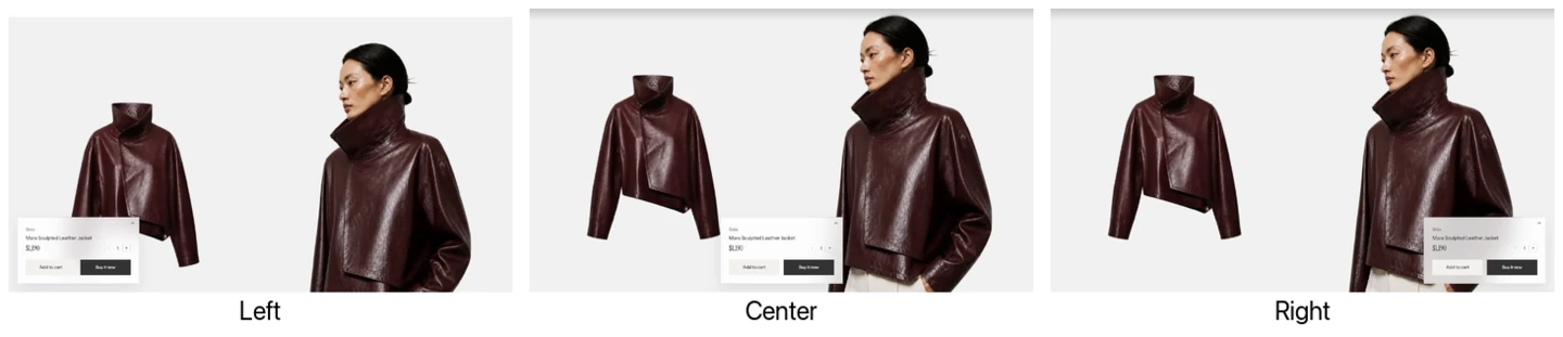 Three Fullscreen vertical product pages side by side with the collapsed information panel at the bottom left, bottom center, and bottom right.