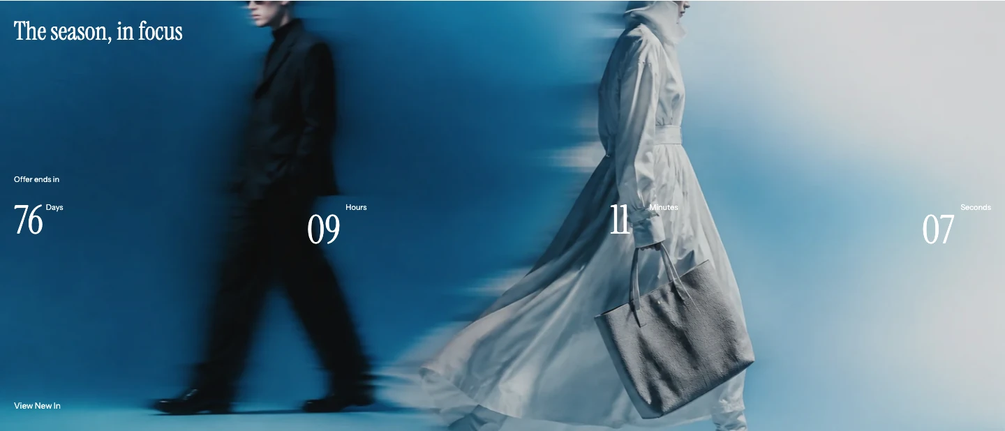 Promotion countdown banner with the heading The season, in focus, days, hours, minutes, and seconds over a campaign image, and a View New In link.