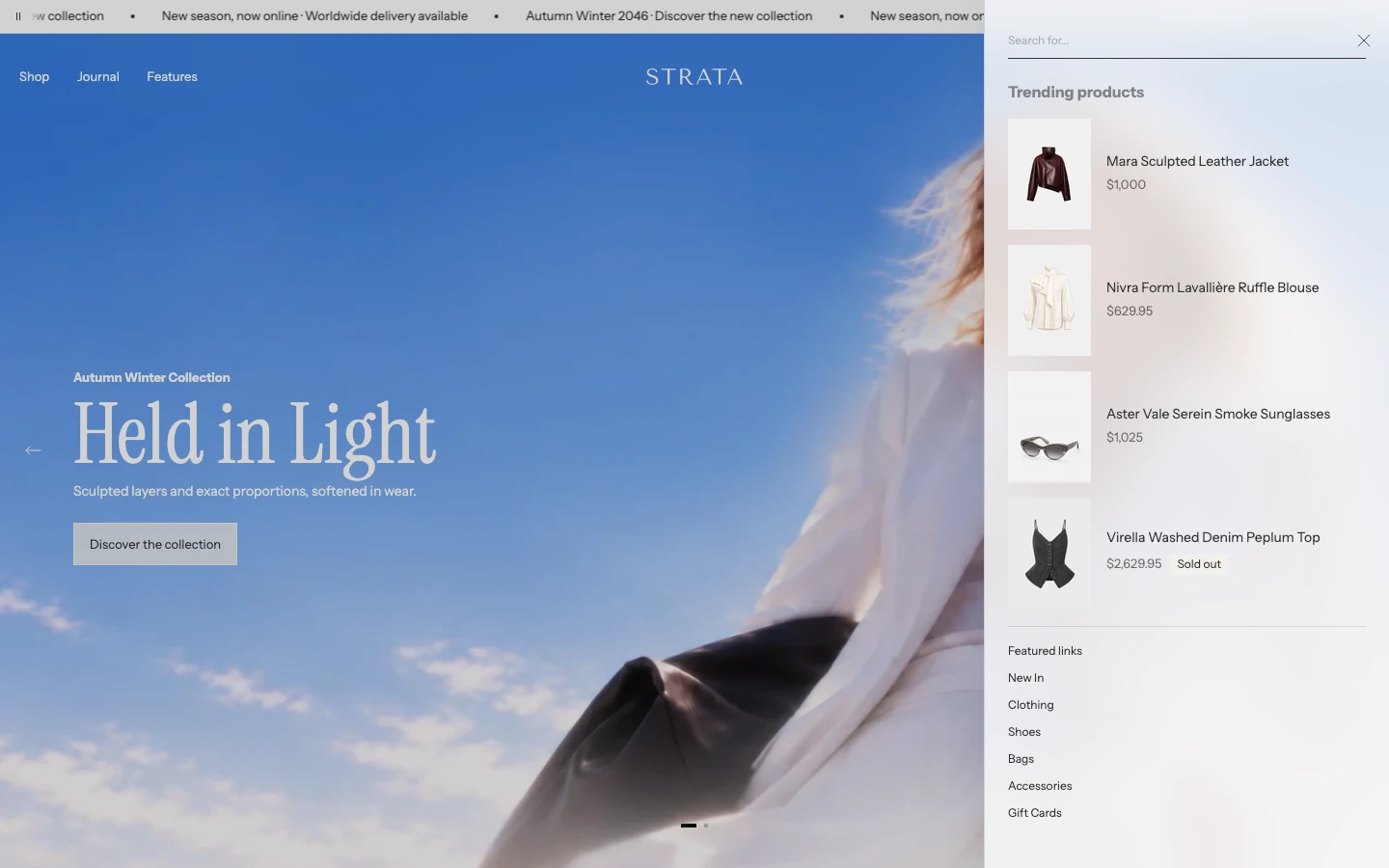 The search drawer open on the right before a search, with a search field, a Trending products list with four products, and Featured links below.