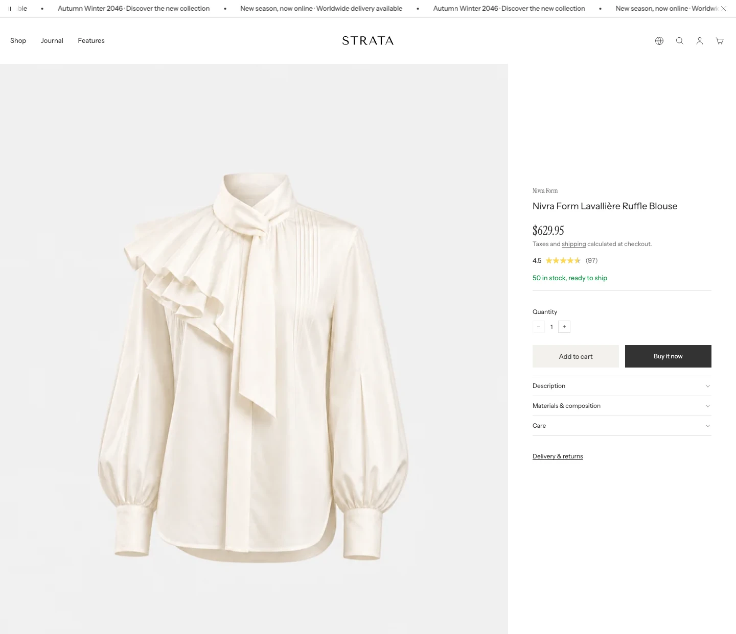 Product page with one large image on the left and purchase information on the right.