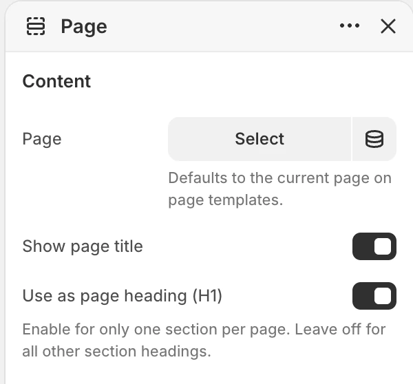 Page Content settings in the Theme Editor: Page, Show page title, Use as page heading (H1).