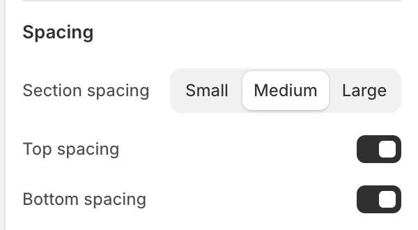 Page Spacing settings in the Theme Editor: Section spacing, Top spacing, Bottom spacing.