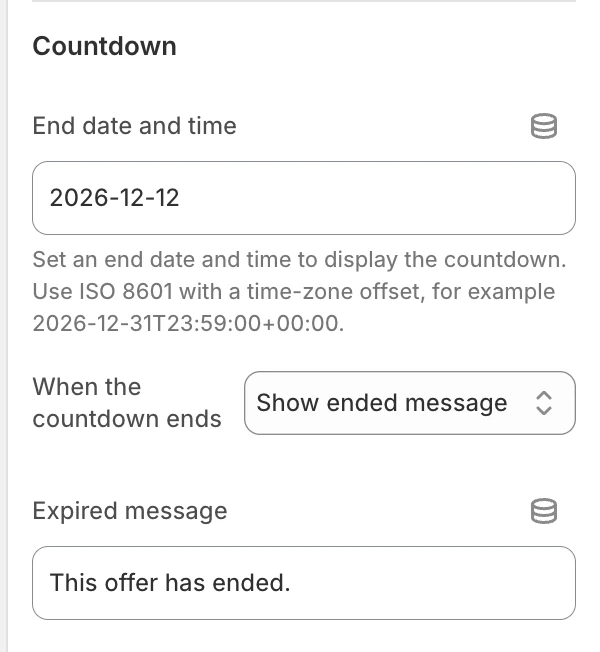 Promotion countdown Countdown settings in the Theme Editor: End date and time, When the countdown ends, Expired message.