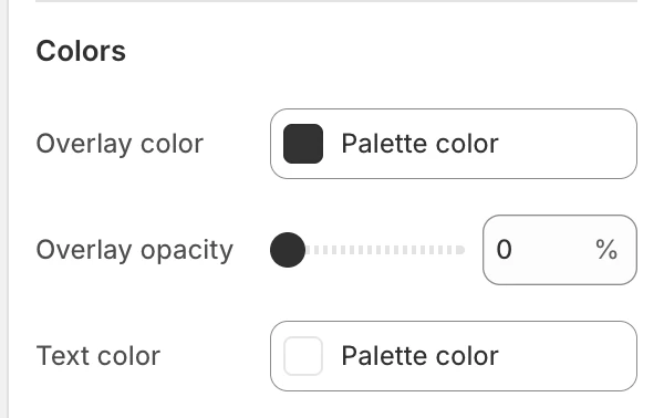 Collection banner Colors settings in the Theme Editor: Overlay color, Overlay opacity, Text color.