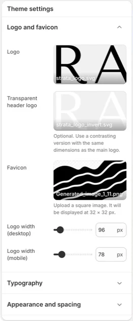 The Logo and favicon settings in the Strata Theme Editor, showing Logo, Transparent header logo, Favicon, Logo width desktop, and Logo width mobile.